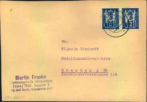 1949, 12 Pfg. Postgewerkschaft auf Fernbrief ab JENA.