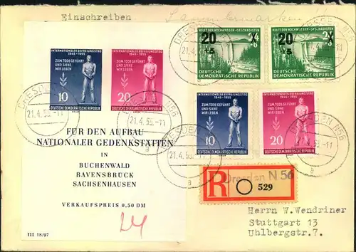 1955, Gedenkstättenblock mit Zusatzfrankatur auf R-Brief ab DRESDEN N 56