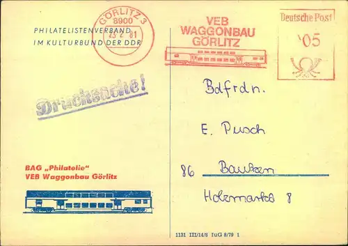 1981, Drucksachenkarte Absender ""VEB WAGGONBAU GÖRLITZ"" Abbildung Einsenbahn, Train