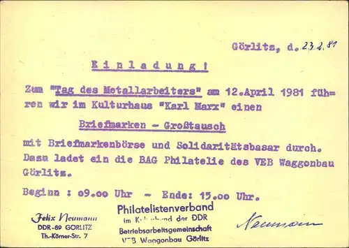 1981, Drucksachenkarte Absender ""VEB WAGGONBAU GÖRLITZ"" Abbildung Einsenbahn, Train