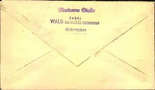 1945, Brief ab WALD bei MARKT OBERNDORF mit handschriftlichem Vermerk ""Gebühr bezahlt"". Nicht im Handbuch von Richter