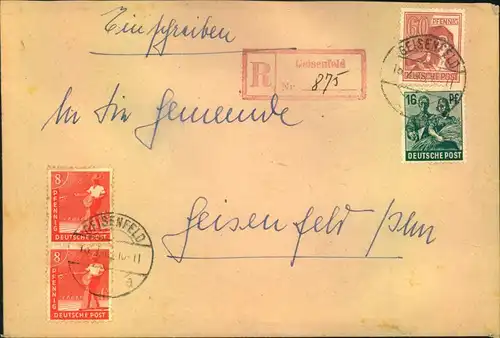 1948, Doppel-Ortseinschreiben mit Not-R-Stempel GEISENFELD