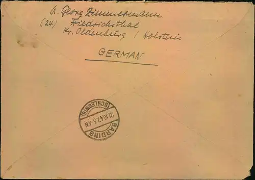 1947, Einschreiben mit Poststellenstempel ""(10) Giddendorf über Oldenburg (Holst)