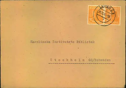 1947, sehr suberer Auslandsbrief mit waag. Paar 25 Pfg. Arbeiter ab LEIPZIG C 2 nach Schweden.