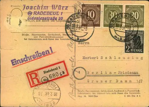 1948, Einschreibkarte ab RADEBEUL  nach Berlin-Friedenau