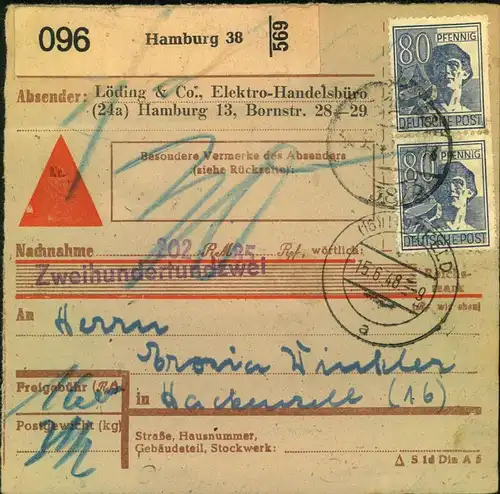 1948, Paketkartenstammteil mit 2-mal 80 Pfg. AS ab HAMBURG