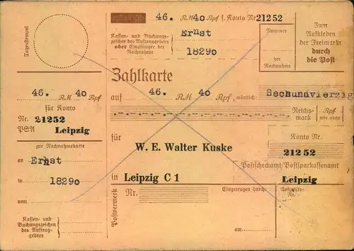 1946, Nachnahmekarte mit 6 und 40 Pfg. Ziffer ab LEIPZIG