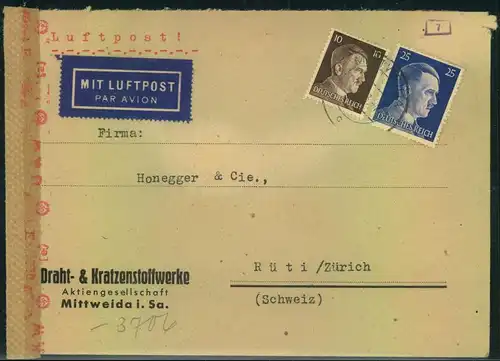 1943, Luftpostbrief ab MITTWEIDA; SACHSEN mit Zensur in die Schweiz.