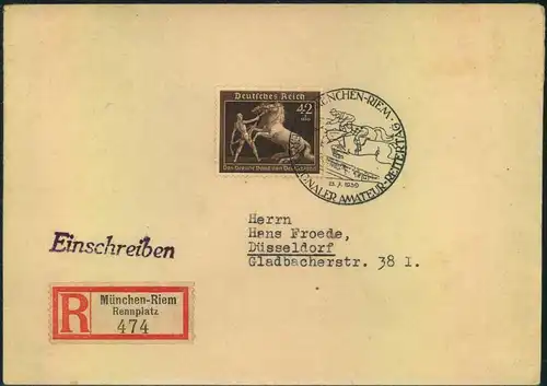 1939, Braunes Band als EF mit Sonderstempel auf Einschreiben ""München - Riem Rennplatz""
