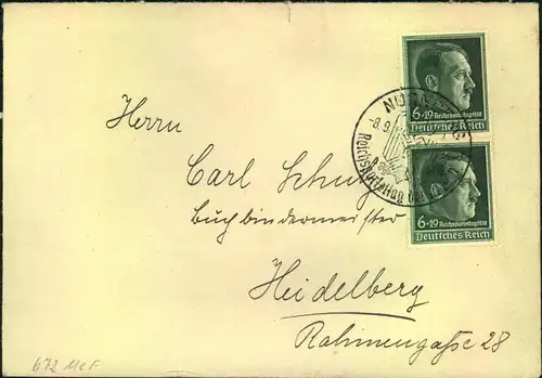 1937, Brief mit senkrechtem Paar 6 Pfg. Reichsparteitag und SSt.
