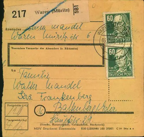 1952, 60 Pfg. Köpfe II 2-mal auf Paketkarte ab WAREN (MÜRITZ). Michel 100,-