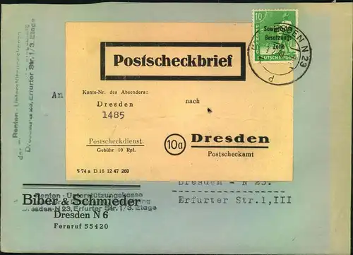 1949, Postscheckbrief mit EF 10 Pfg. AS Masch. Aufdruck ab DRESDEN N 23