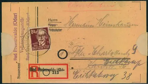 1950, Einschreiben mit EF 84 Pfg. Köpfe I ab BAD FREIENWALDE nach Westberlin.