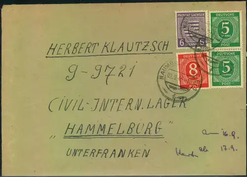 1946, Brief ab NAUMBURG an das CIVIL INTERNIERTENLAGER HAMMELBURG mit MiF Gemeinschaftsausgaben/Provinz Sachsen.