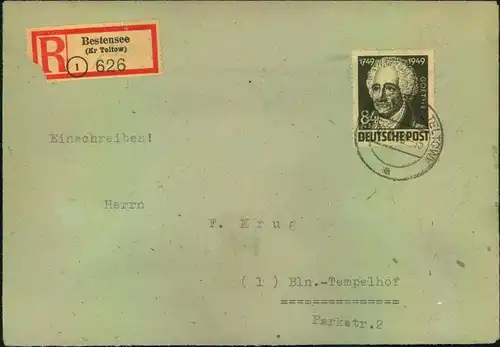1950, 84 Pfg. Goethe als Einzelfrankatur auf Einschreiben ab BESTENSSE (KR. TELTOW) nach Westberlin.