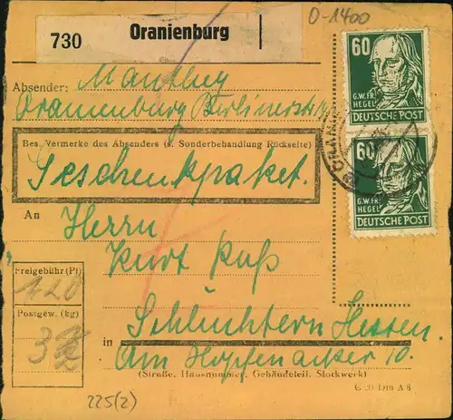 1953, 60 Pfg. Köpfe II 2-mal auf Paketkarte ab ORANIENBURG. Michel 100,-