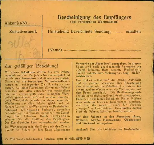 1953, 60 Pfg. Köpfe II 2-mal auf Paketkarte ab ORANIENBURG. Michel 100,-
