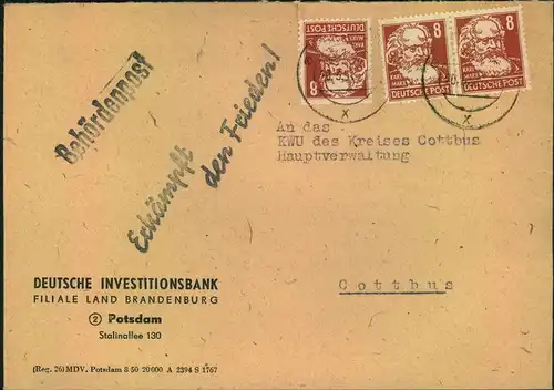 1951, Behördenpost mit 3-mal 8 Pfg. Marx und Nebenstempel ""Erkämpft den Frieden!""