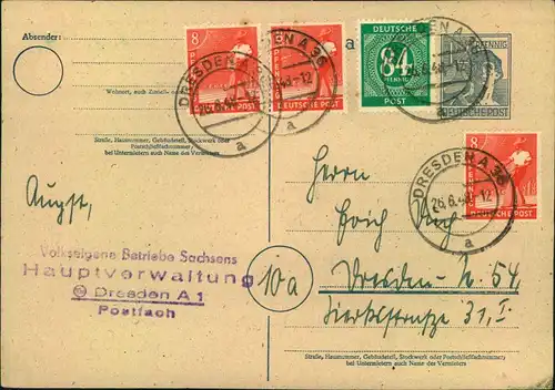 1948, 12 Pfg. Arbeiter Ganzsachenkarte mit 10-fach Frankatur portogerecht ab DRESDEN A 36