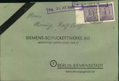 1945, 6 Pfg. Ziffer geschnitten, linkes Randpaar auf Firmenbrief ab LEIPZIG REICHSMESSESTADT 22.10.45 nach Berlin.