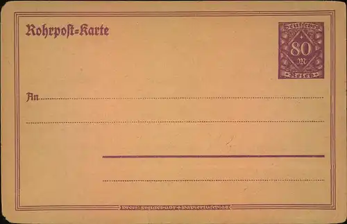 1923,  ungebrauchte 80 Pfg. Rohrpostkarte mit rückseitigem Aufdruck zur Aufforderung die Militär-Rente abzuholen. Selten