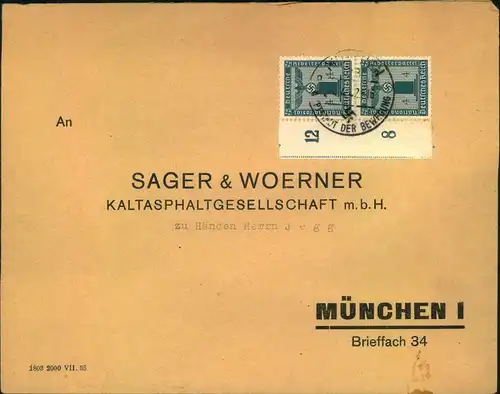 1942, Ortsbrief mit senkrechtem Randpaar 4 Pfg. Parteidienstmarken ohne Wz.