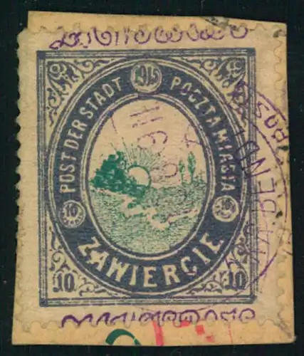 1916, ZAWIERCIE: 10 Fen Stadtpostmarke mit schwarzem Aufdruck auf Briefstück