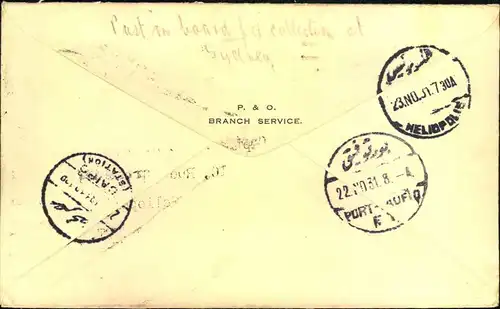 1931, ship letter franked with better se-tenant from FREEMANTLE, Austarlia with boxed ""PAQUETBOT"" via Sidney to Heliop