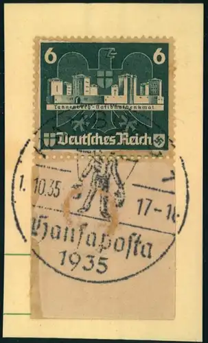 1935, 6 Pfg. Marke aus OSTROPA-Block mit anhängendem Blockrand auf Briefstück mit SSt HAMBURG HANSAPOSTA. Auf dieser Aus