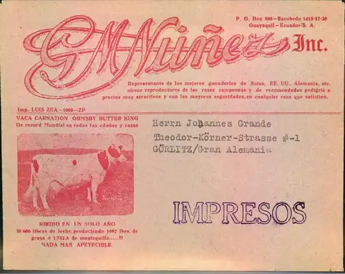 1938, nice advertising envelope from GUAYAQUIL to Germany, cow