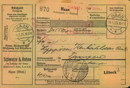 1925, Selbstbucher-Paketkarte von HAAN "Gebühr bezahlt" nach Tamerfors/Tampere, Finnland