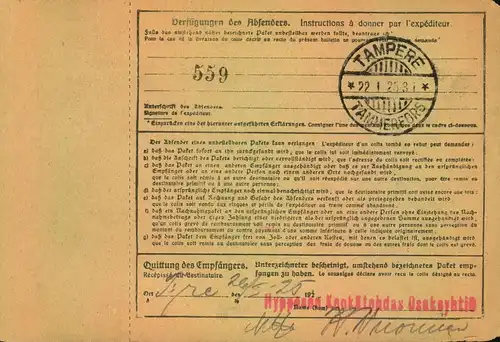 1925, Selbstbucher-Paketkarte von HAAN "Gebühr bezahlt" nach Tamerfors/Tampere, Finnland