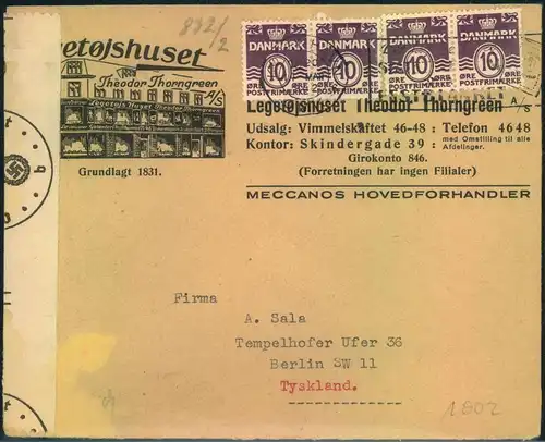 1942, nice advertising envelope with multiple franking and german censor from KOPENHAGEN to Germany.