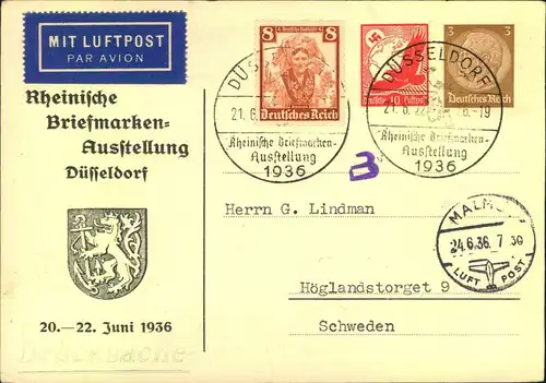 1936, Privatganzsache zur Briefmarkenausstellung Düsseldorf 1936, mit Zusatzfrankaturen per Frankatur nach Schweden.