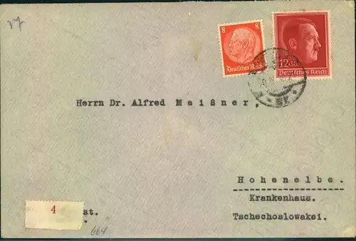 1938, Brief im Sondertarif mit 12 Pfg. Hitler und 8 Pfg. Hindenburg in die CSR