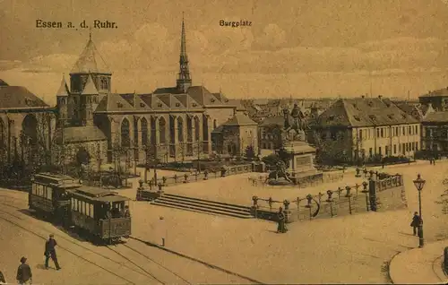 ESSEN a.d. Ruhr, 1925, Burgplatz, Straßenbahn, Denkmal, kirche