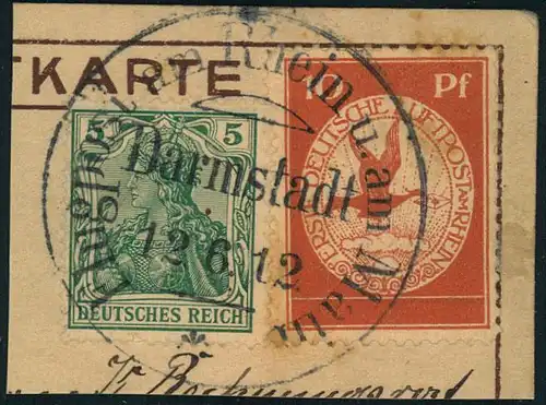 1912, Flugpost Rhein-Main 10 Pfg. mit 5 Pfg. germania auf Kartenausschnitt  ""Darmstadt 12.6.12""