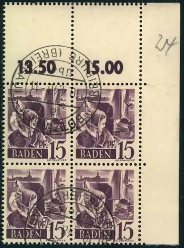 1948, 15 Pfg. 1. Ausgabe mit gestempelten Viererblock mit durchgezähntem Leerfeld oben.