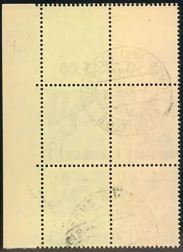 1948, 15 Pfg. 1. Ausgabe mit gestempelten Viererblock mit durchgezähntem Leerfeld oben.