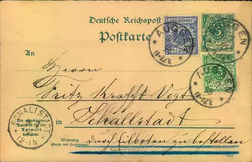 1895, 5 Pfg. Krone/Adler Wertstempel mit 5 und 20 Pfg. Zusatzfrankatur auf Eilkarte ab AUGGEN nach Schallstadt.