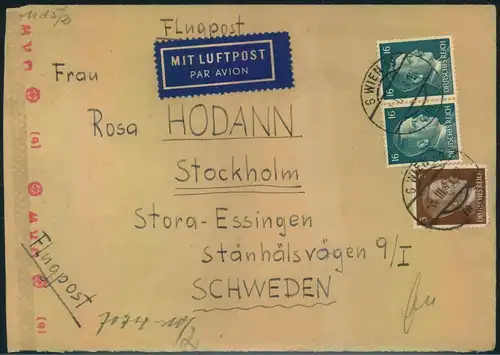 1943, OSTMARK, Luftpostbrief mit besserer Hitler-Frankatur ab WIEN nach Schweden.