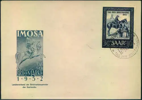 1952, 30 Fr. ""Tag der Briefmarke"" auf Ersttagsbrief mit IMOSA Sonderstempel.