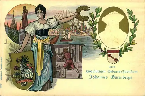 1900, ungebrauchte Privatpostkarte zum 500. Geburtstag Gutenbergs im Design der Jahrhundertkarte.