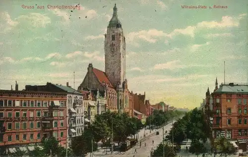 CHARLOTTENBURG 1910, Wilhelms-Platz, Rathaus, Straßenbahn, gelaufen, leichte Stempelspuren
