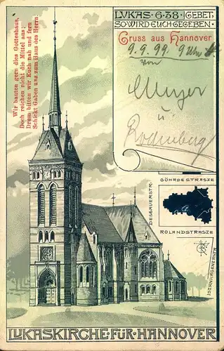 HANNOVER 1899, LUKASKIRCHE, mit Spendenaufruf, Isernhagenerstr., Desgauerstr.,Rolandstrsze, Gördestrasze, gelaufen