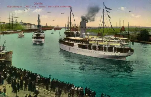 1919, STETTIN; Rügendampfer "Odin" & "Hertha" Ausfahrt aus d. Hafen,Schiff, Pier, Kai,