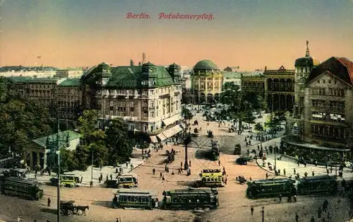 1916, BERLIN, Potsdamer Platz, Straßenbahn, Bus, Pferdewagen, Radium Nr. 30, gelaufen, Gebrauchsspuren