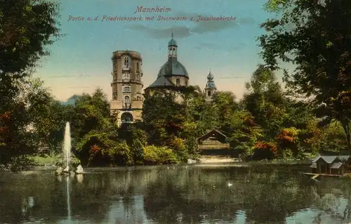 1926, MANNHEIM, Partie a.d. Friedrichspark mit Sternwarte u. Jesuitenkirche, Wasserspiel, gelaufen