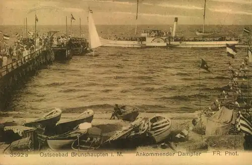 1926, Ostseebad Brunshaupten i. M. ,3592a, Friedr. Rönnfeldt, Manufaktur- u. Konfektions-Haus, Luftkurort, gel, Dampfer,