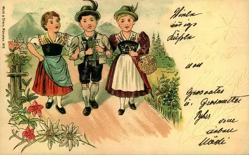 31.12.1899;FREIBURG, Neujahr, Trachten, Mädchen, Junge, Präge, Moch & Stern, München, 675